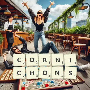 Creative illustration for a Scrabble game with the word CORNICHONS spelled out in tiles on the board.