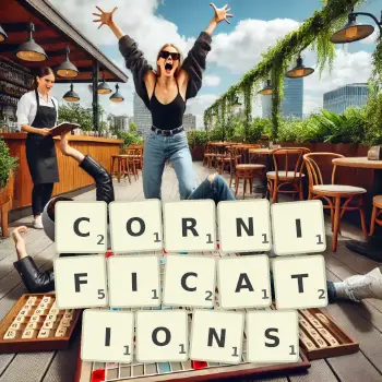 Creative illustration for a Scrabble game with the word CORNIFICATIONS spelled out in tiles on the board.