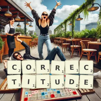 Creative illustration for a Scrabble game with the word CORRECTITUDE spelled out in tiles on the board.