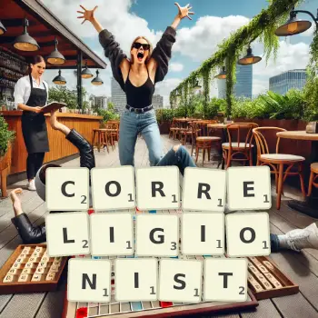 Creative illustration for a Scrabble game with the word CORRELIGIONIST spelled out in tiles on the board.