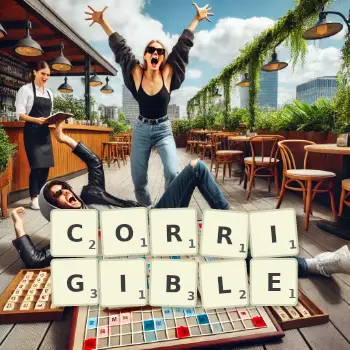 Creative illustration for a Scrabble game with the word CORRIGIBLE spelled out in tiles on the board.