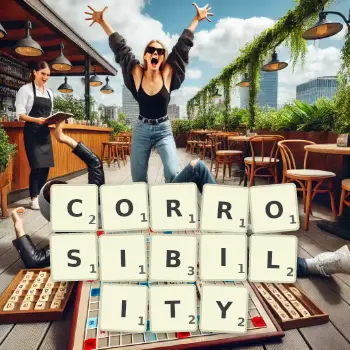 Creative illustration for a Scrabble game with the word CORROSIBILITY spelled out in tiles on the board.