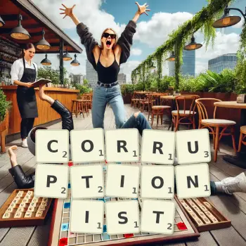 Creative illustration for a Scrabble game with the word CORRUPTIONIST spelled out in tiles on the board.