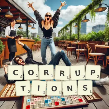 Creative illustration for a Scrabble game with the word CORRUPTIONS spelled out in tiles on the board.