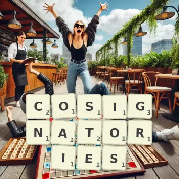 Creative illustration for a Scrabble game with the word COSIGNATORIES spelled out in tiles on the board.