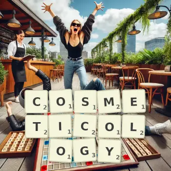 Creative illustration for a Scrabble game with the word COSMETICOLOGY spelled out in tiles on the board.