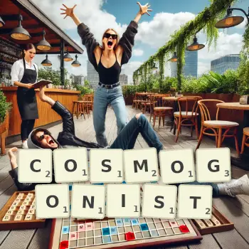 Creative illustration for a Scrabble game with the word COSMOGONIST spelled out in tiles on the board.