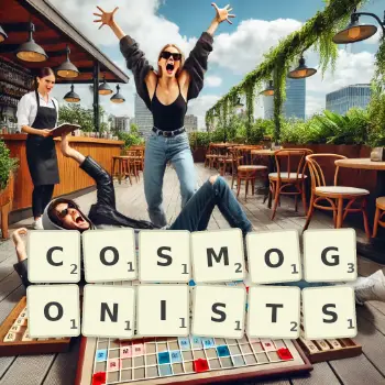Creative illustration for a Scrabble game with the word COSMOGONISTS spelled out in tiles on the board.