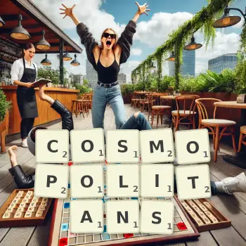 Creative illustration for a Scrabble game with the word COSMOPOLITANS spelled out in tiles on the board.