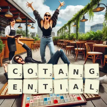 Creative illustration for a Scrabble game with the word COTANGENTIAL spelled out in tiles on the board.