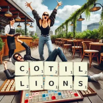 Creative illustration for a Scrabble game with the word COTILLIONS spelled out in tiles on the board.