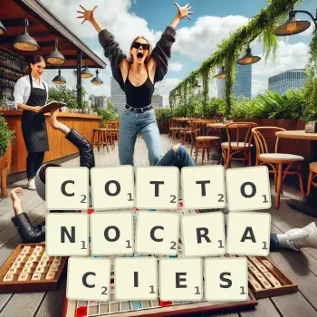 Creative illustration for a Scrabble game with the word COTTONOCRACIES spelled out in tiles on the board.