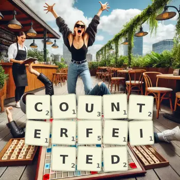 Creative illustration for a Scrabble game with the word COUNTERFEITED spelled out in tiles on the board.