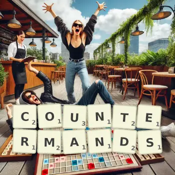 Creative illustration for a Scrabble game with the word COUNTERMANDS spelled out in tiles on the board.