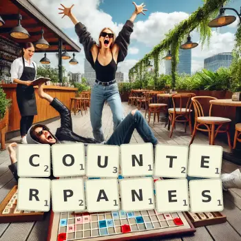 Creative illustration for a Scrabble game with the word COUNTERPANES spelled out in tiles on the board.