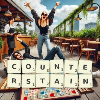Creative illustration for a Scrabble game with the word COUNTERSTAIN spelled out in tiles on the board.