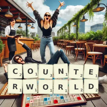 Creative illustration for a Scrabble game with the word COUNTERWORLD spelled out in tiles on the board.