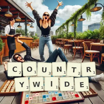 Creative illustration for a Scrabble game with the word COUNTRYWIDE spelled out in tiles on the board.