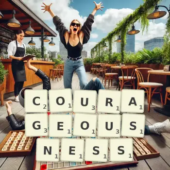 Creative illustration for a Scrabble game with the word COURAGEOUSNESS spelled out in tiles on the board.