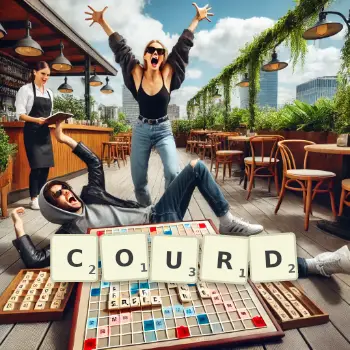Creative illustration for a Scrabble game with the word COURD spelled out in tiles on the board.
