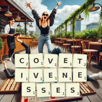 Creative illustration for a Scrabble game with the word COVETIVENESSES spelled out in tiles on the board.