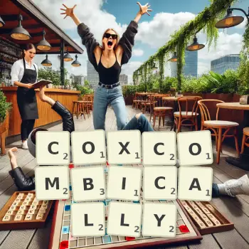 Creative illustration for a Scrabble game with the word COXCOMBICALLY spelled out in tiles on the board.