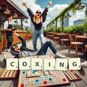 Creative illustration for a Scrabble game with the word COXING spelled out in tiles on the board.