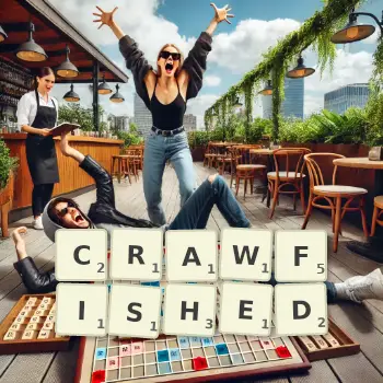 Creative illustration for a Scrabble game with the word CRAWFISHED spelled out in tiles on the board.