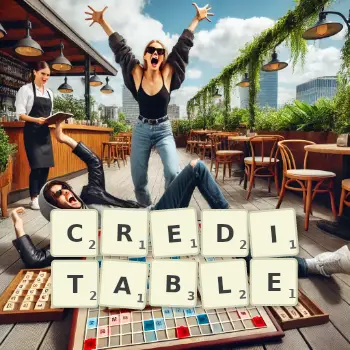 Creative illustration for a Scrabble game with the word CREDITABLE spelled out in tiles on the board.