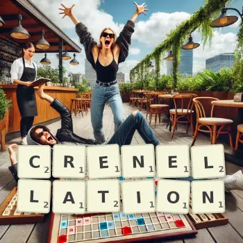 Creative illustration for a Scrabble game with the word CRENELLATION spelled out in tiles on the board.