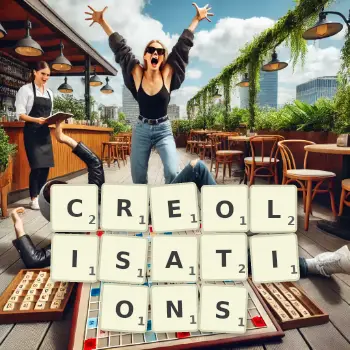 Creative illustration for a Scrabble game with the word CREOLISATIONS spelled out in tiles on the board.