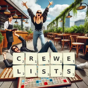 Creative illustration for a Scrabble game with the word CREWELISTS spelled out in tiles on the board.