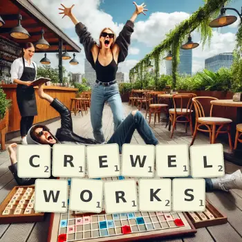 Creative illustration for a Scrabble game with the word CREWELWORKS spelled out in tiles on the board.