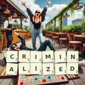 Creative illustration for a Scrabble game with the word CRIMINALIZED spelled out in tiles on the board.