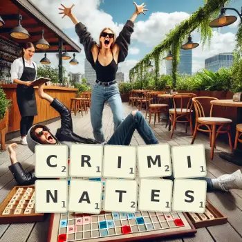 Creative illustration for a Scrabble game with the word CRIMINATES spelled out in tiles on the board.