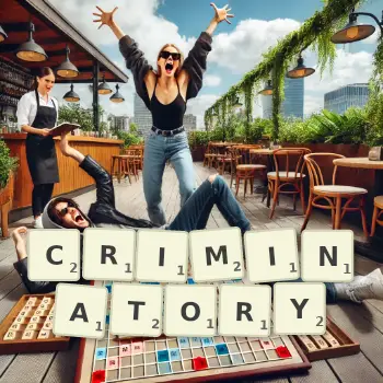 Creative illustration for a Scrabble game with the word CRIMINATORY spelled out in tiles on the board.