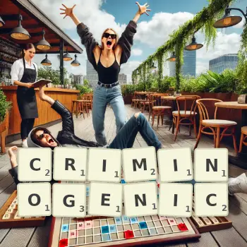 Creative illustration for a Scrabble game with the word CRIMINOGENIC spelled out in tiles on the board.