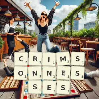 Creative illustration for a Scrabble game with the word CRIMSONNESSES spelled out in tiles on the board.