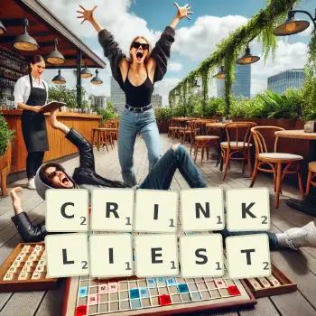 Creative illustration for a Scrabble game with the word CRINKLIEST spelled out in tiles on the board.