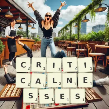 Creative illustration for a Scrabble game with the word CRITICALNESSES spelled out in tiles on the board.