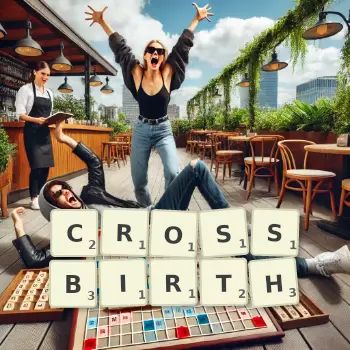 Creative illustration for a Scrabble game with the word CROSSBIRTH spelled out in tiles on the board.