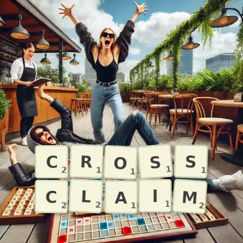 Creative illustration for a Scrabble game with the word CROSSCLAIM spelled out in tiles on the board.