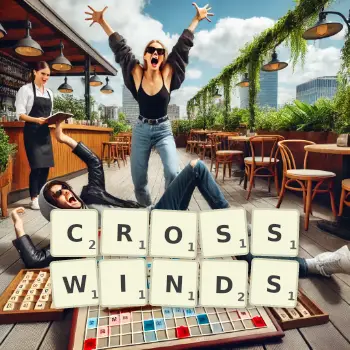 Creative illustration for a Scrabble game with the word CROSSWINDS spelled out in tiles on the board.