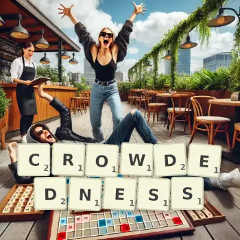 Creative illustration for a Scrabble game with the word CROWDEDNESS spelled out in tiles on the board.