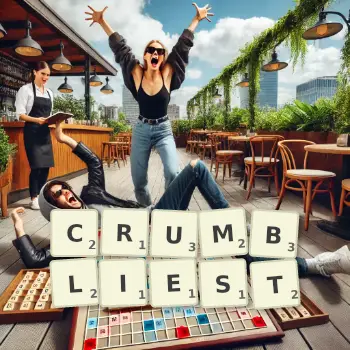 Creative illustration for a Scrabble game with the word CRUMBLIEST spelled out in tiles on the board.