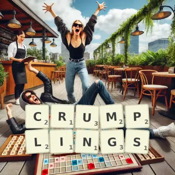 Creative illustration for a Scrabble game with the word CRUMPLINGS spelled out in tiles on the board.