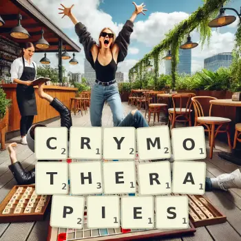 Creative illustration for a Scrabble game with the word CRYMOTHERAPIES spelled out in tiles on the board.