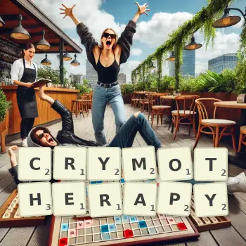 Creative illustration for a Scrabble game with the word CRYMOTHERAPY spelled out in tiles on the board.