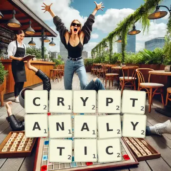 Creative illustration for a Scrabble game with the word CRYPTANALYTIC spelled out in tiles on the board.