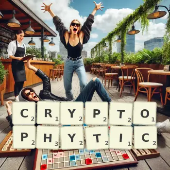 Creative illustration for a Scrabble game with the word CRYPTOPHYTIC spelled out in tiles on the board.